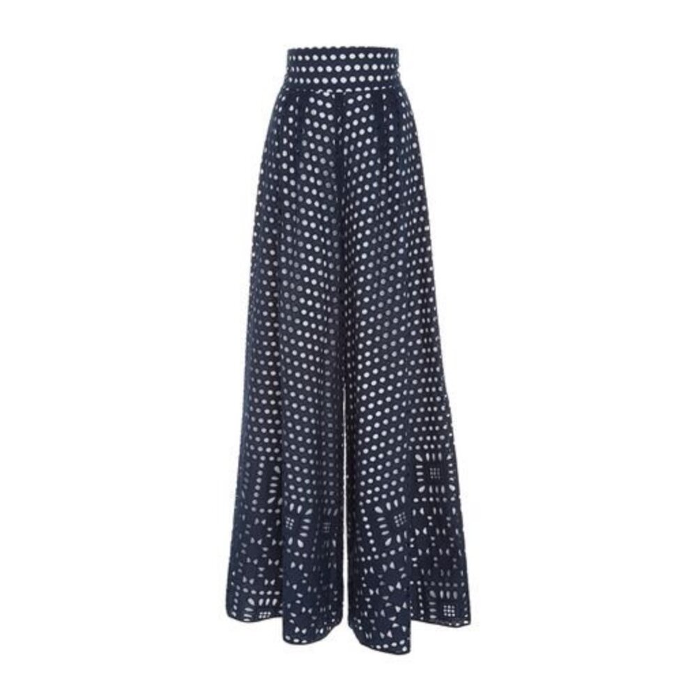 Johanna Ortiz M'o Exclusive Five Oceans Wide Leg Pants Size 6 Eyelet Navy Blue - Picture 2 of 8
